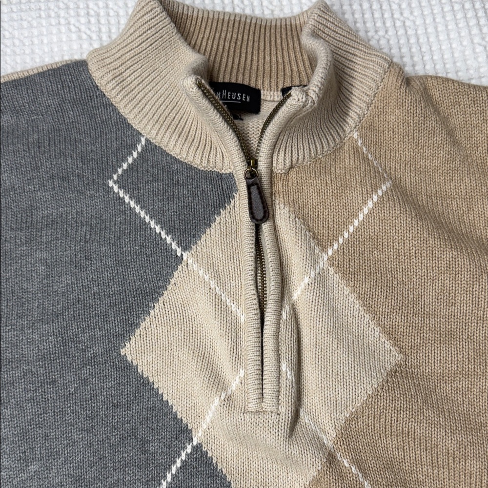 Van Heusen Men’s Zip-Up Argyle Sweater - Beige & Gray - XL